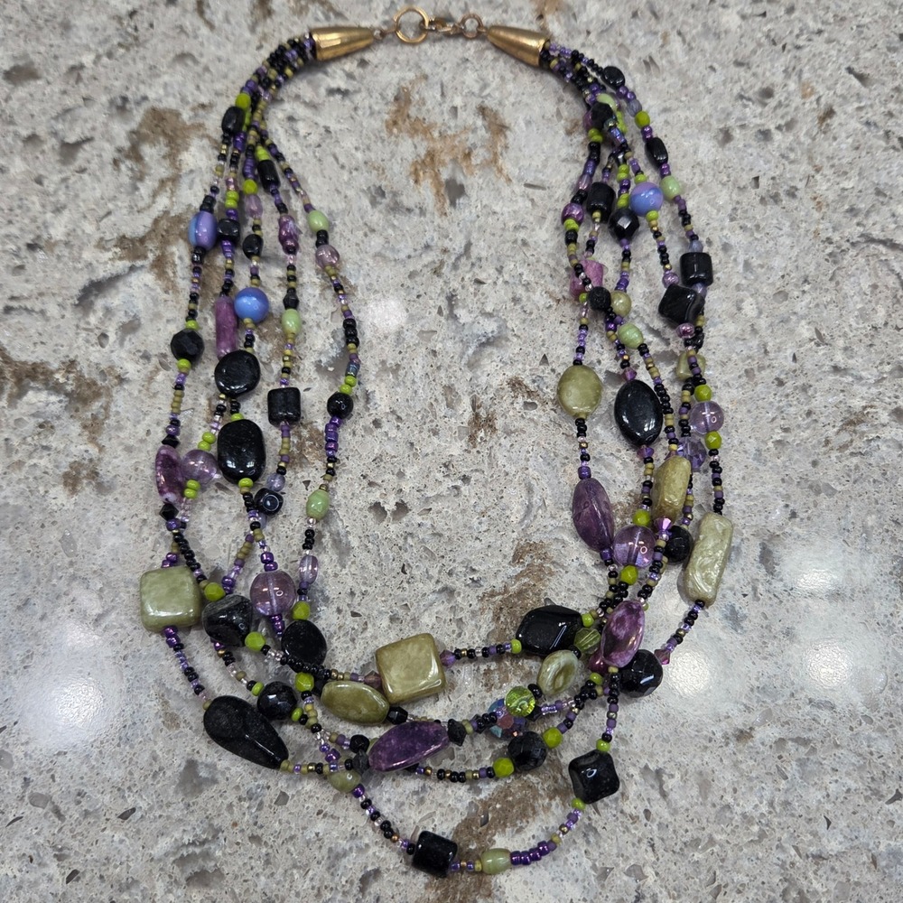 Vintage Multi Strand Beaded Necklace Purple Green Black Stone Glass Chunky 18in
